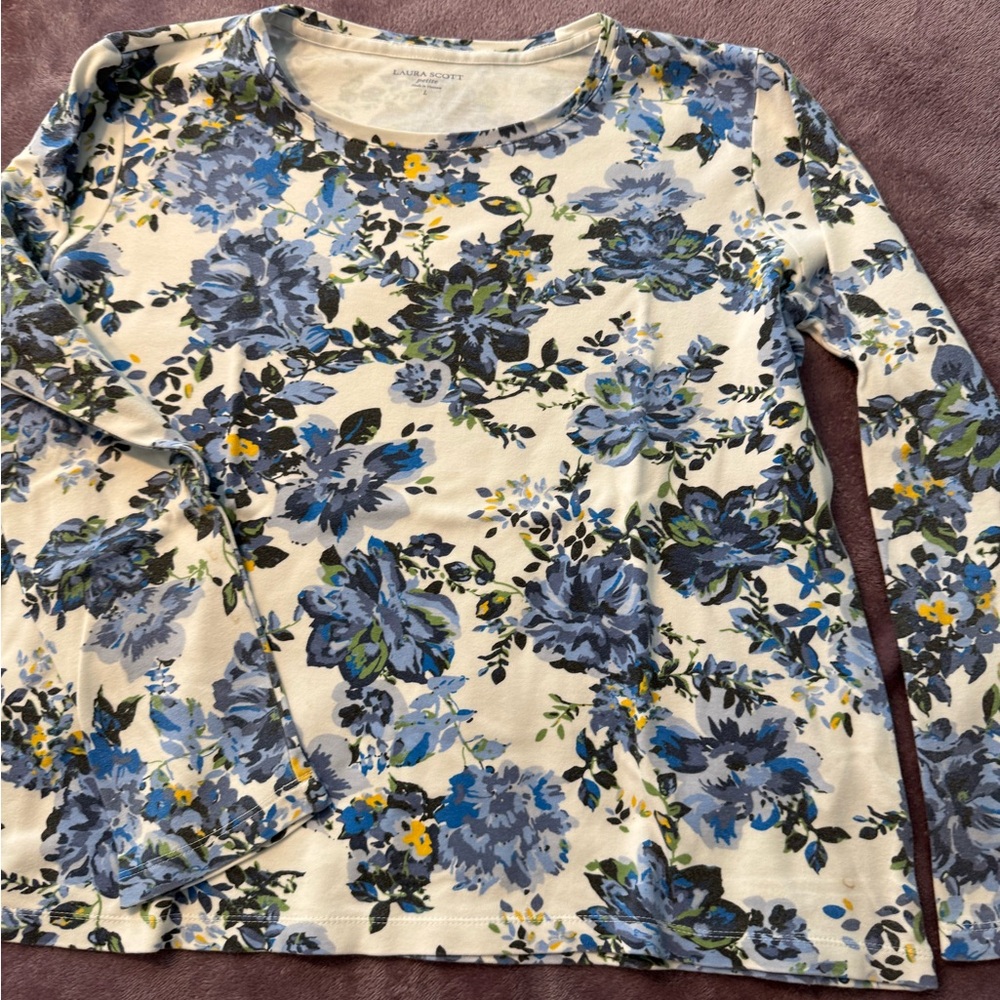 Laura Scott Blue and Cream Floral Blouse